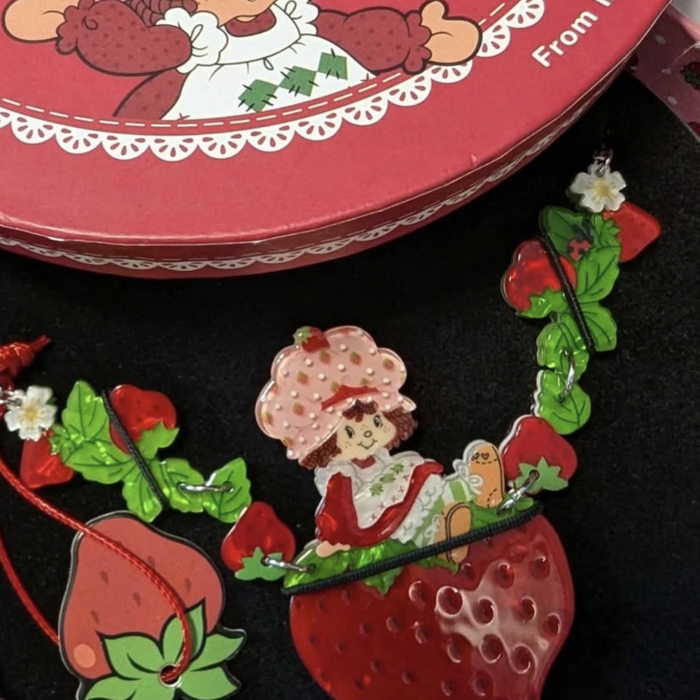 Strawberry Shortcake Cute Pink, Red & Green Berry Statement Necklace - Picture 2 of 5